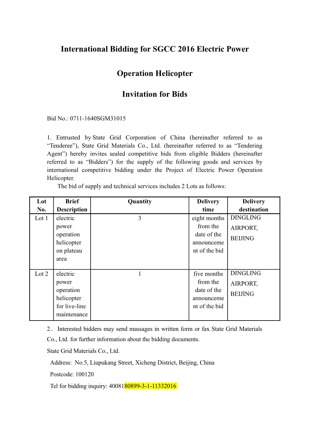 International Bidding for SGCC 2016 Electric Power Operation Helicopter