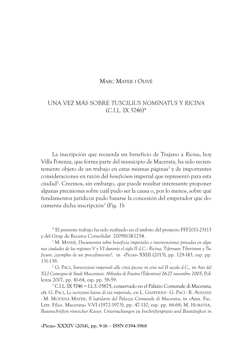 Una Vez Más Sobre Tuscilius Nominatus Y Ricina (C.I.L. Ix 5746) *