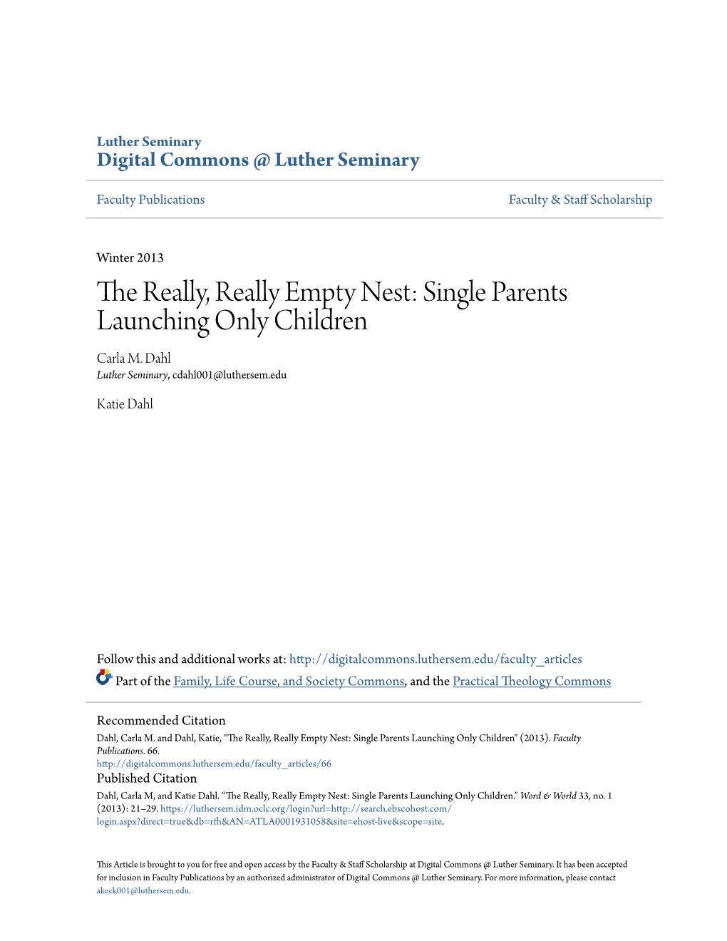 Single Parents Launching Only Children Carla M