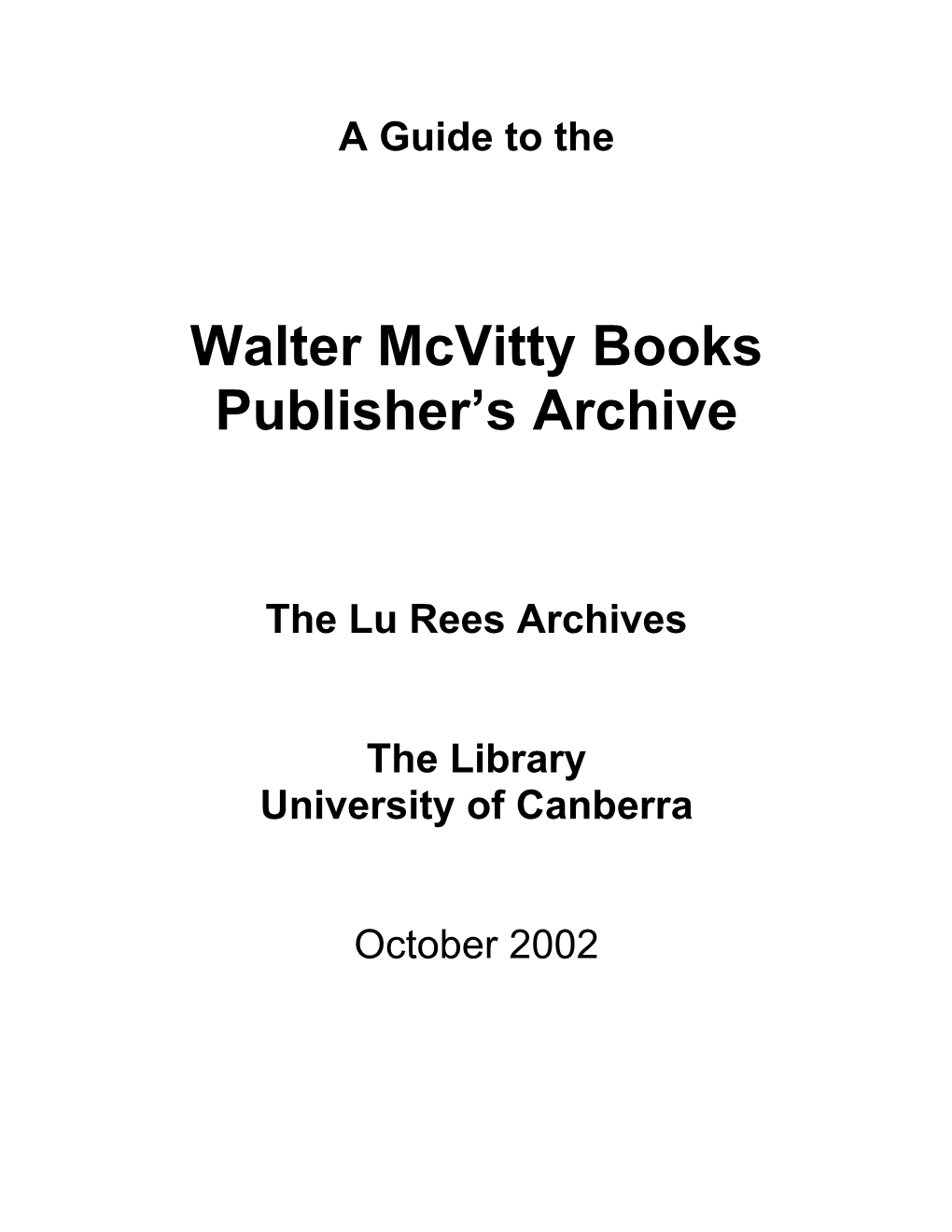 Walter Mcvitty Books Publisher's Archive