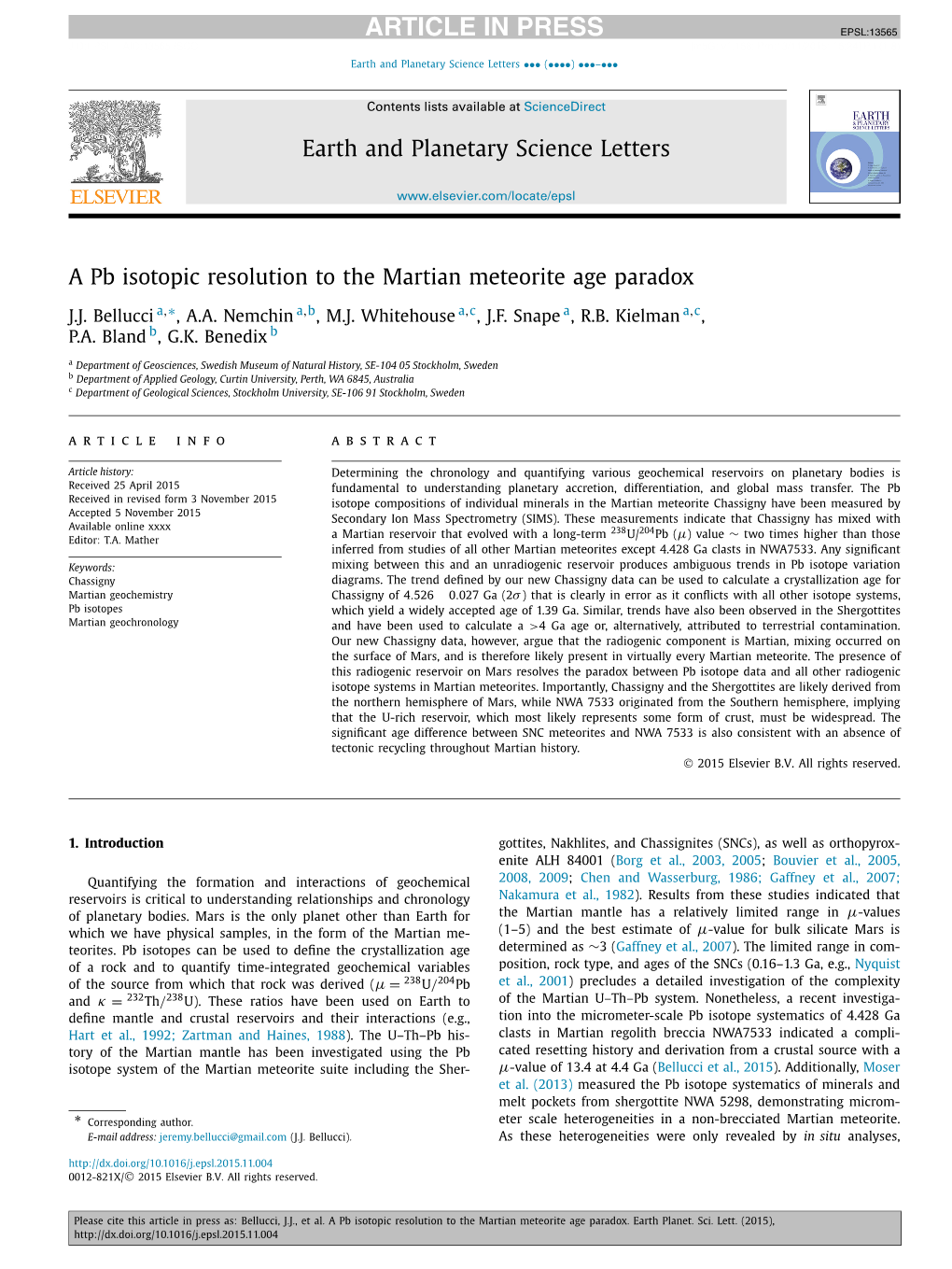 A Pb Isotopic Resolution to the Martian Meteorite Age Paradox ∗ J.J