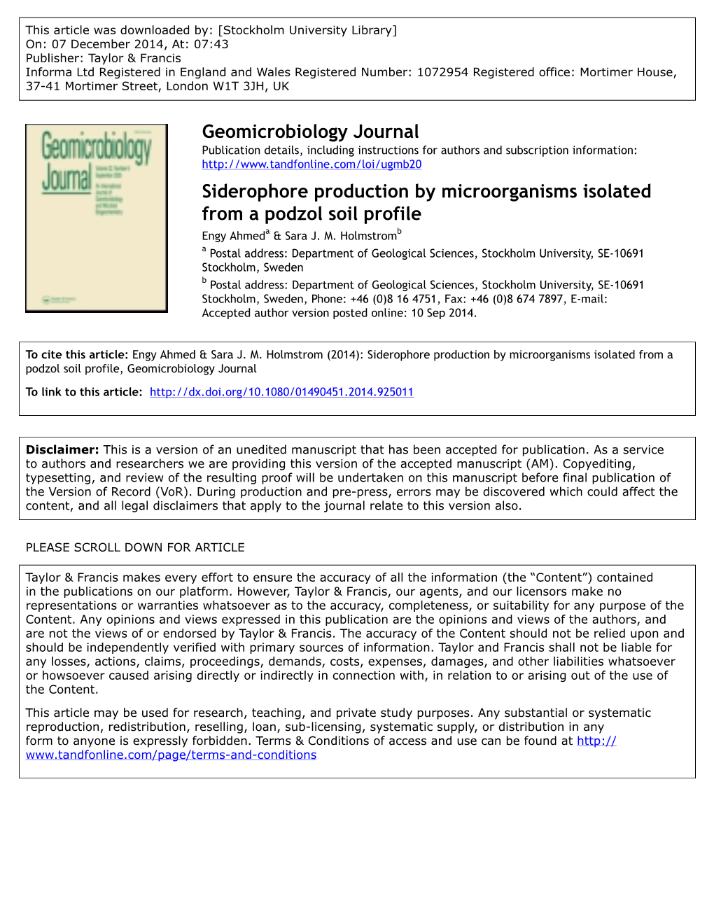 Geomicrobiology Journal Siderophore Production by Microorganisms