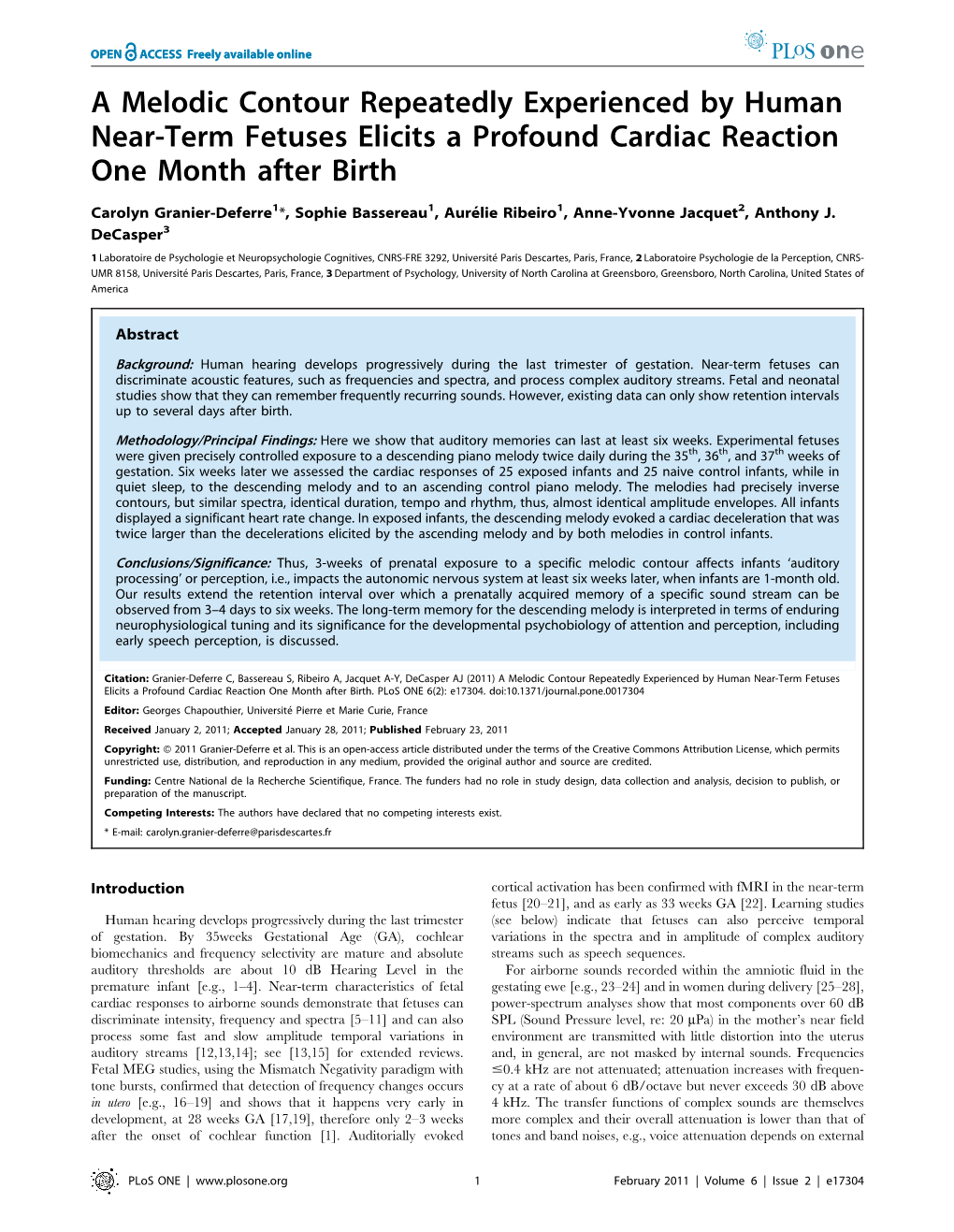 A Melodic Contour Repeatedly Experienced by Human Near-Term Fetuses Elicits a Profound Cardiac Reaction One Month After Birth