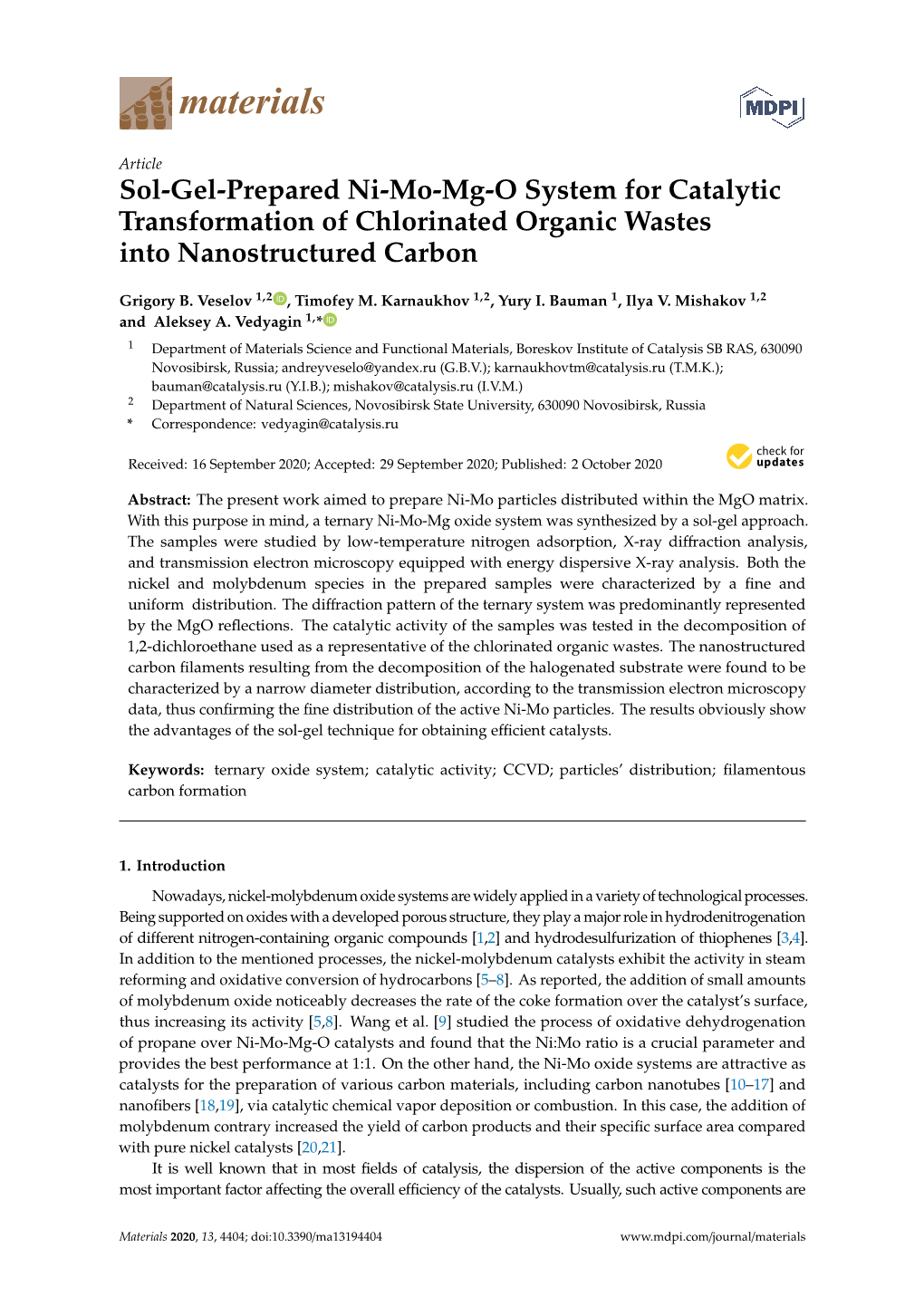 Sol-Gel-Prepared Ni-Mo-Mg-O System for Catalytic Transformation of Chlorinated Organic Wastes Into Nanostructured Carbon