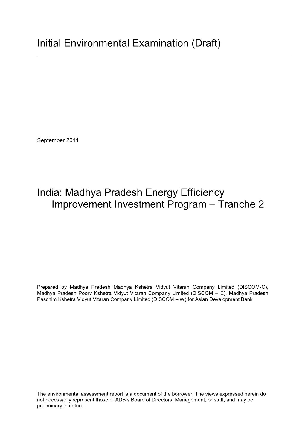 Draft IEE: India: Madhya Pradesh Energy