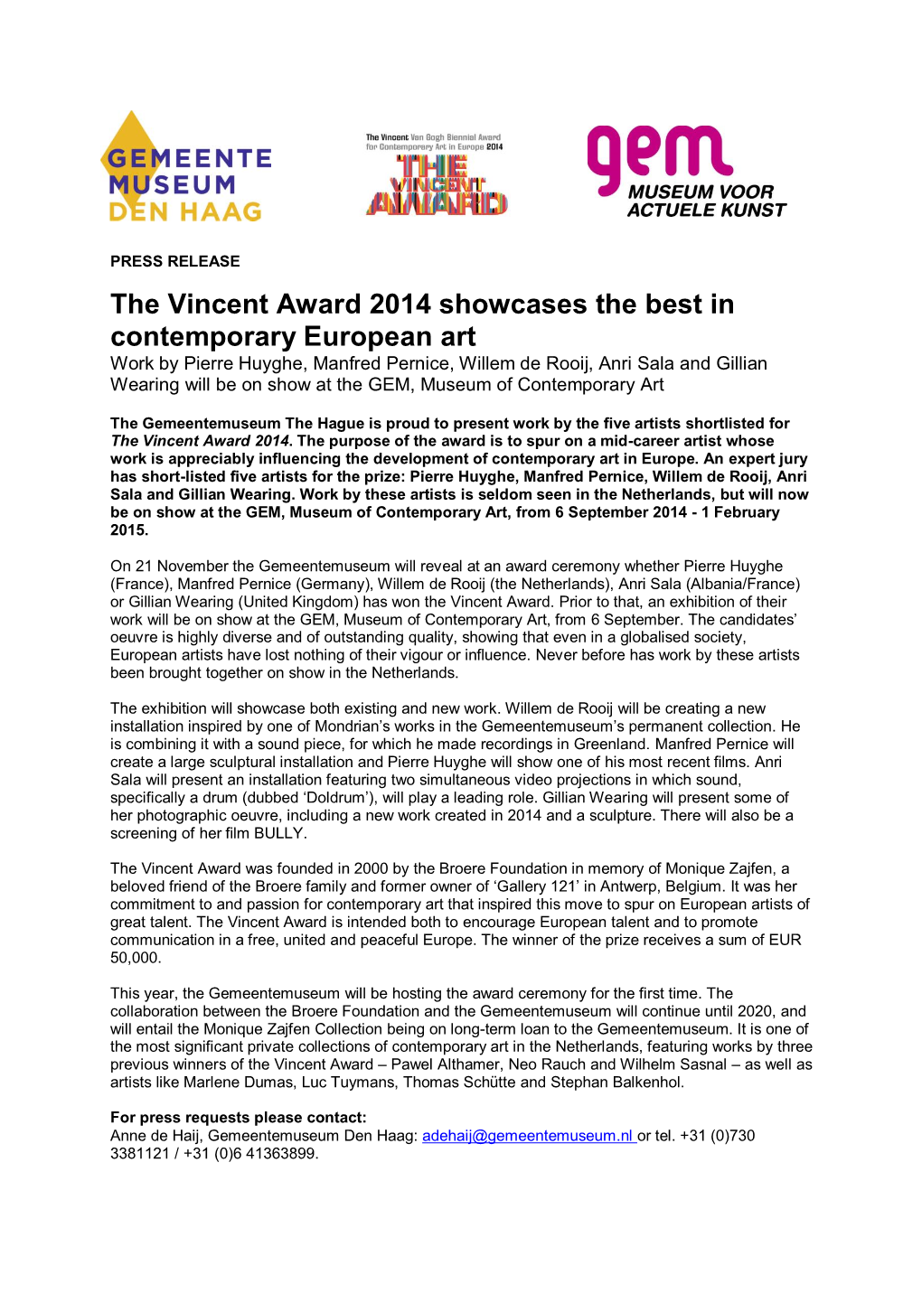 The Vincent Award 2014 Showcases the Best in Contemporary European