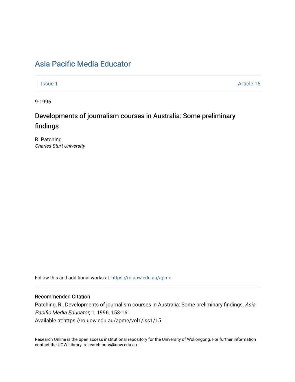 Developments of Journalism Courses in Australia: Some Preliminary Findings