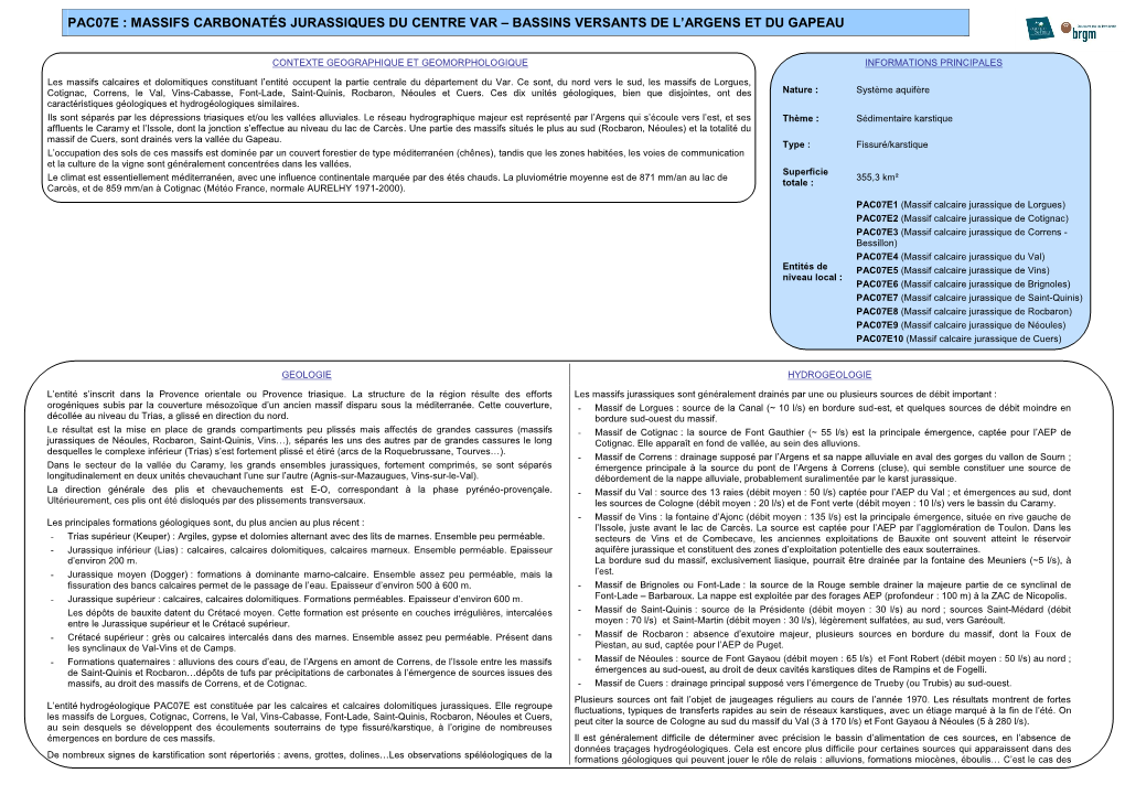 Pac07e : Massifs Carbonatés Jurassiques Du Centre Var – Bassins Versants De L’Argens Et Du Gapeau