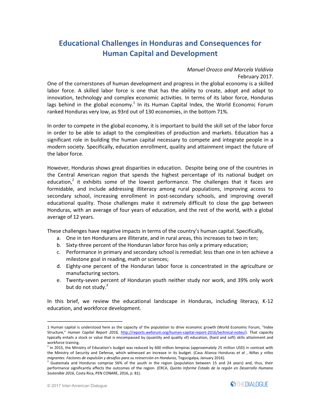 Educational Challenges in Honduras and Consequences for Human Capital and Development