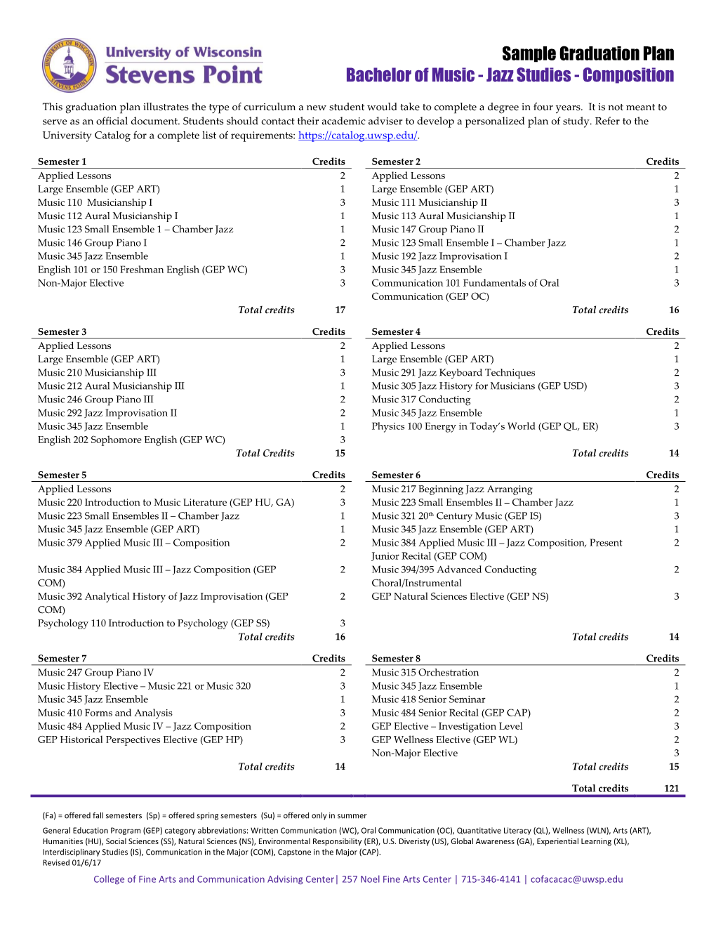 Sample Graduation Plan Bachelor of Music - Jazz Studies - Composition