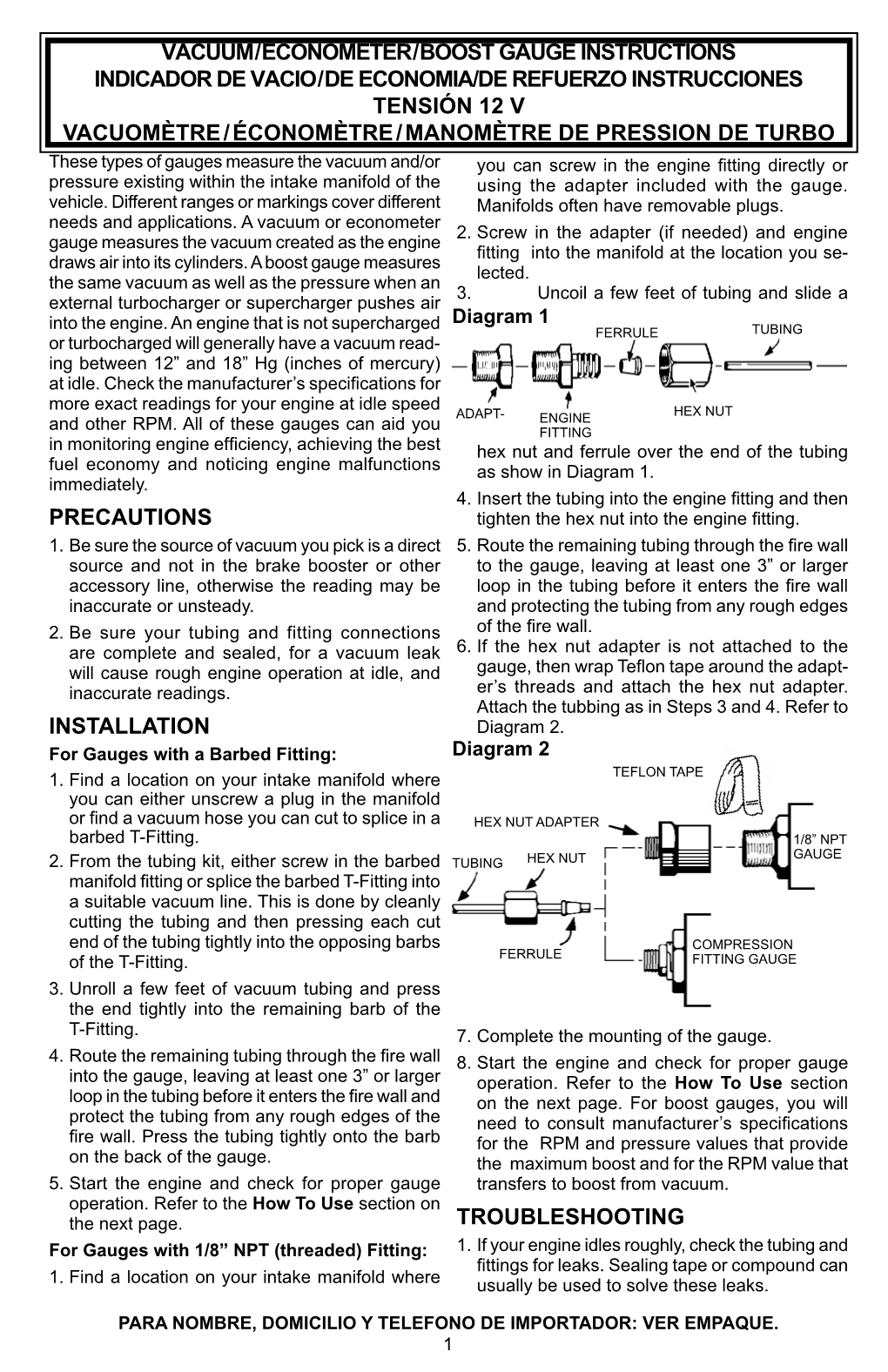 Vacuum / Econometer / Boost Gauge Instructions