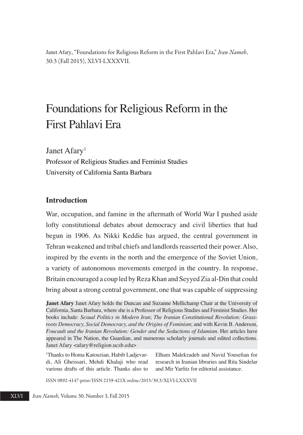 Foundations for Religious Reform in the First Pahlavi Era,” Iran Nameh, 30:3 (Fall 2015), XLVI-LXXXVII