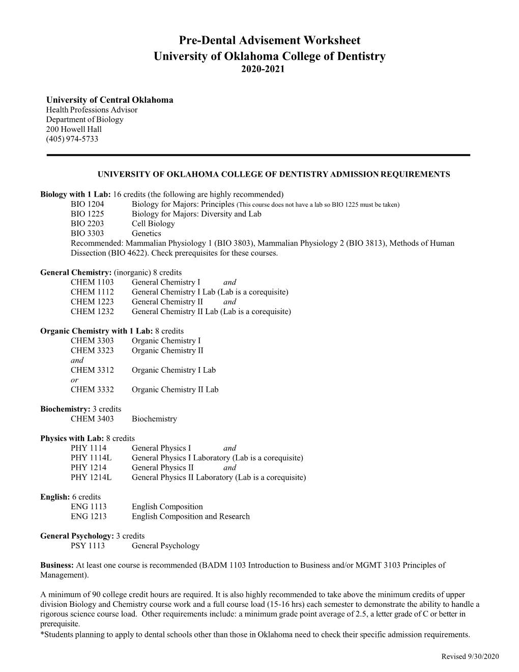 Pre-Dental Advisement Worksheet University of Oklahoma College of Dentistry 2020-2021