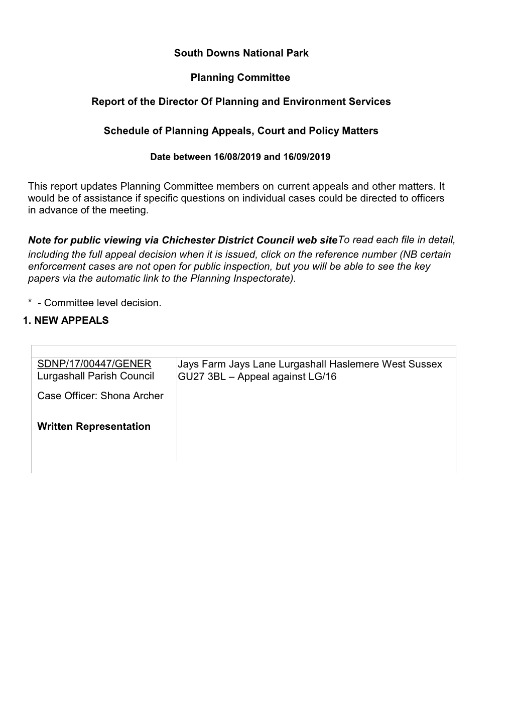 South Downs National Park Planning Committee Report of the Director of Planning and Environment Services Schedule of Planning Ap