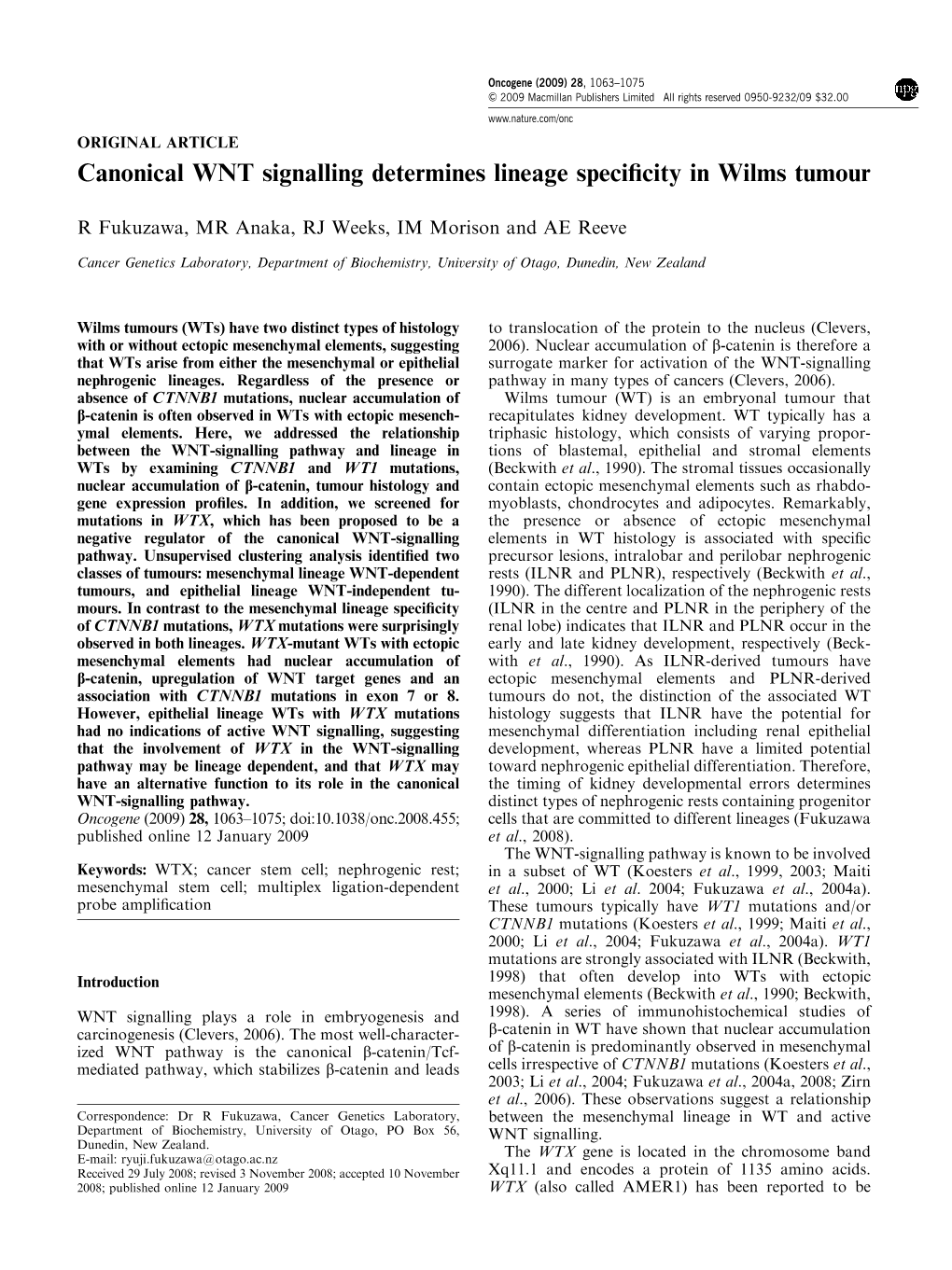 Canonical WNT Signalling Determines Lineage Specificity in Wilms Tumour