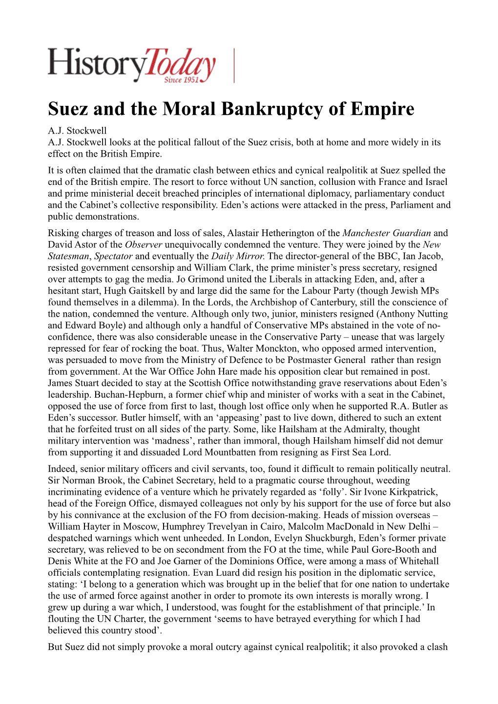 Suez and the Moral Bankruptcy of Empire A.J
