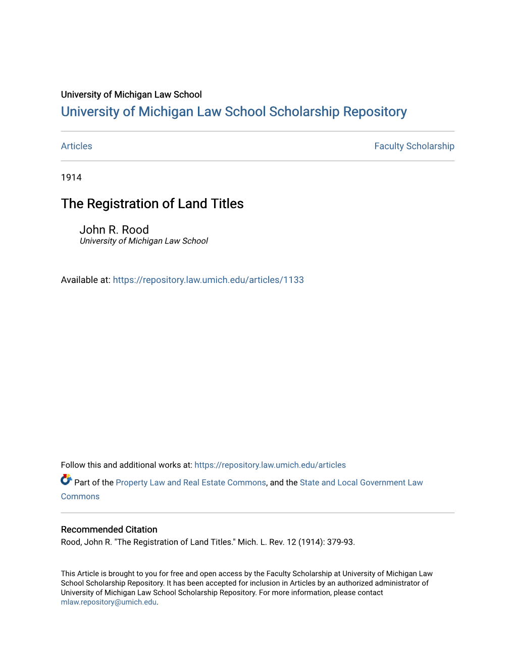 The Registration of Land Titles