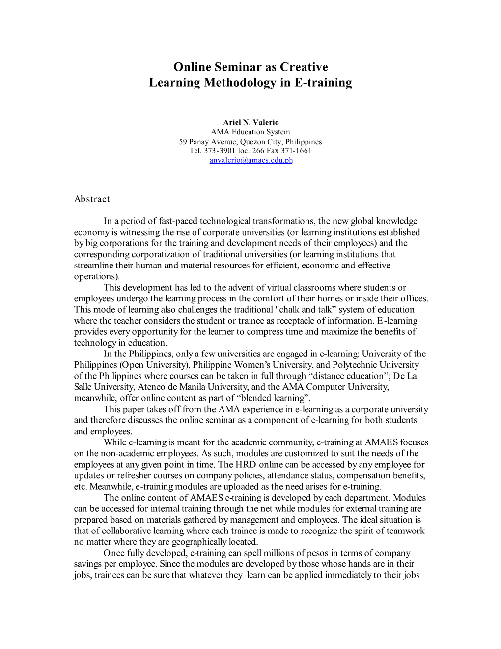 Online Seminar As Creative Learning Methodology in E-Training