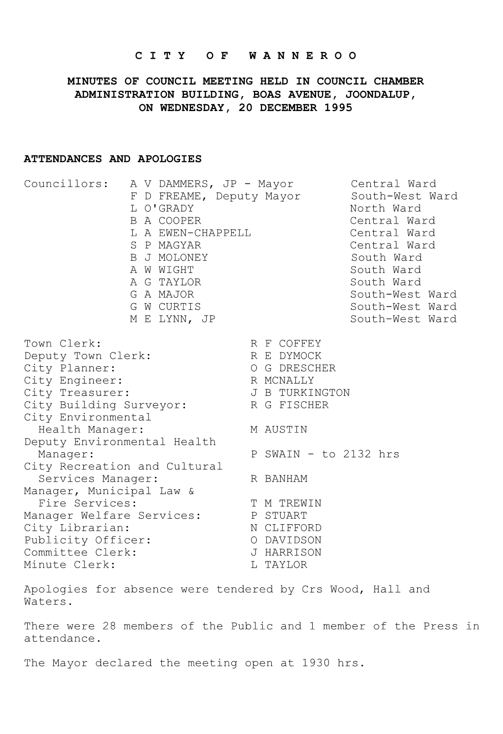 Minutes of Council Meeting Held in Council Chamber Administration Building, Boas Avenue, Joondalup, on Wednesday, 20 December 1995