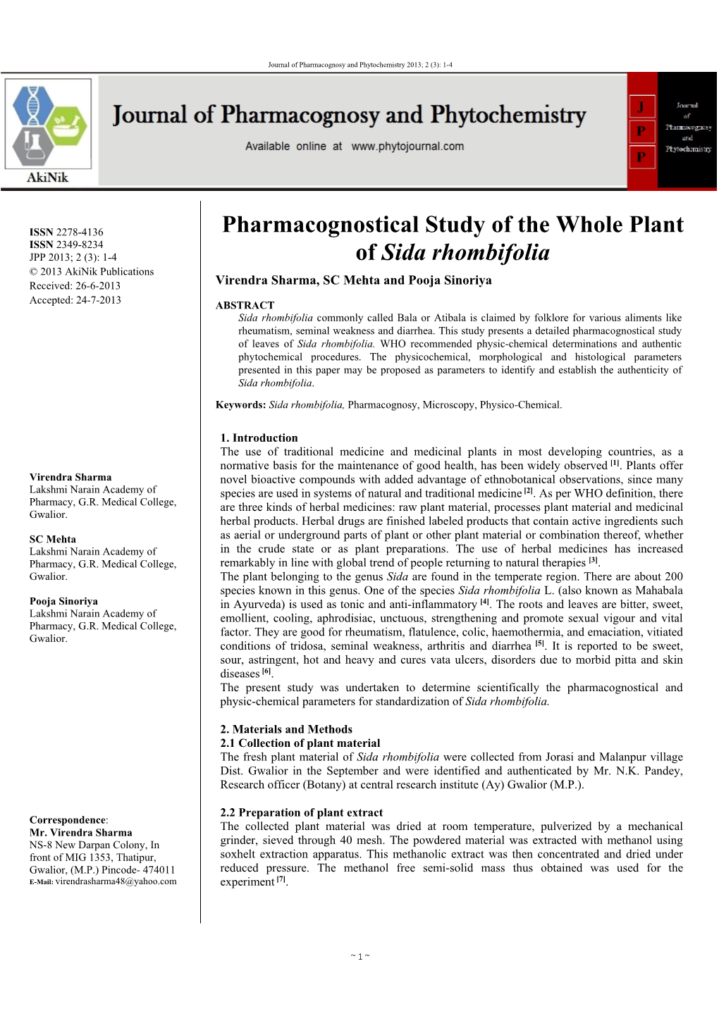 Pharmacognostical Study of the Whole Plant of Sida Rhombifolia