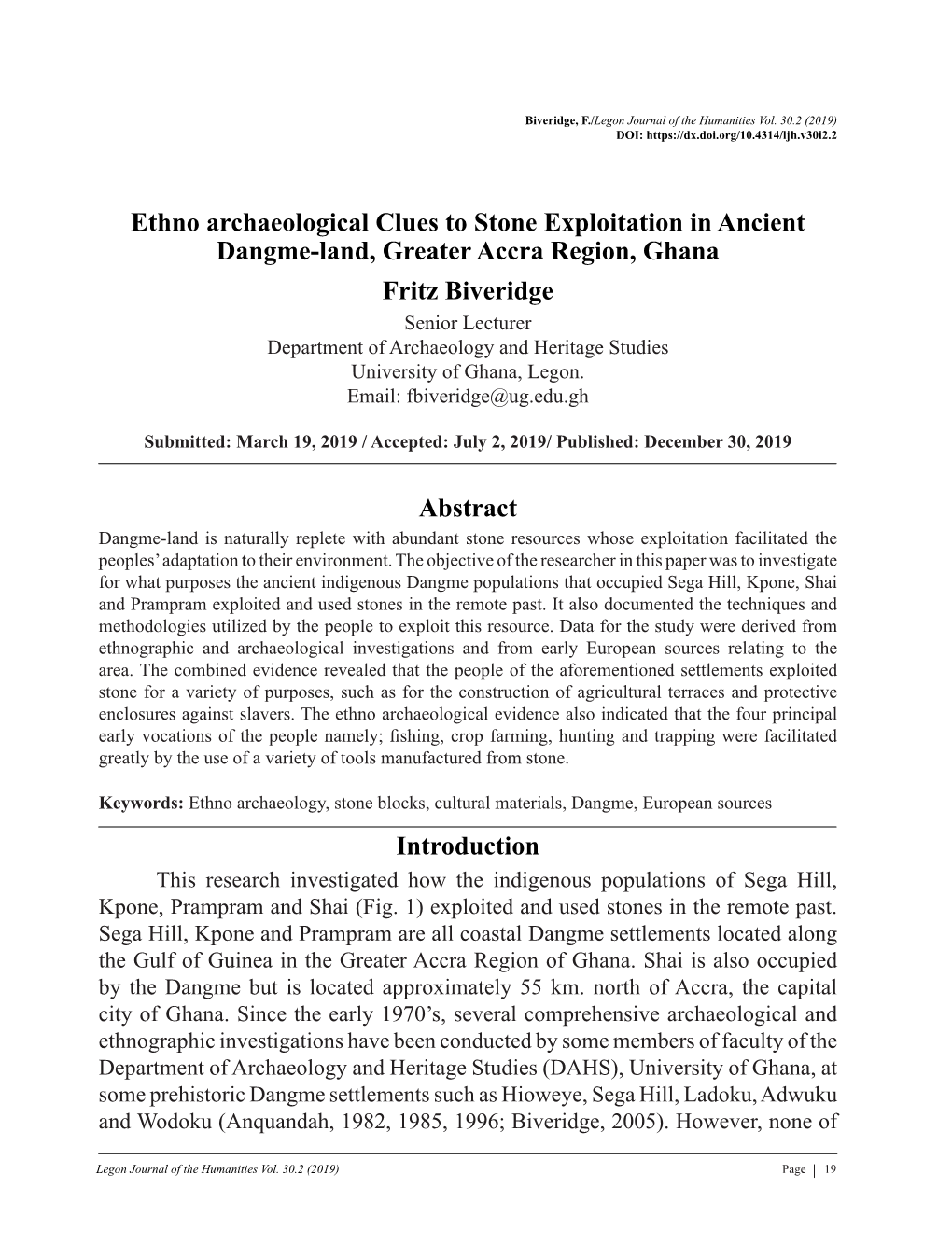 Ethno Archaeological Clues to Stone Exploitation in Ancient Dangme