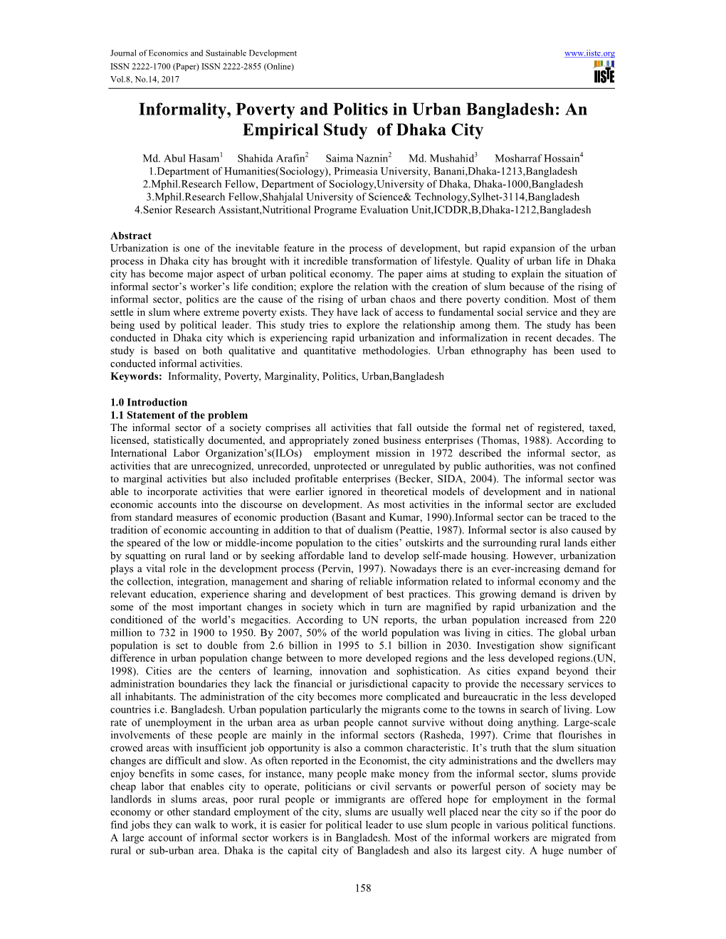 Informality, Poverty and Politics in Urban Bangladesh: an Empirical Study of Dhaka City