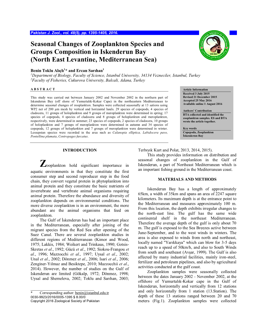 Seasonal Changes of Zooplankton Species and Groups Composition in Iskenderun Bay (North East Levantine, Mediterranean Sea)