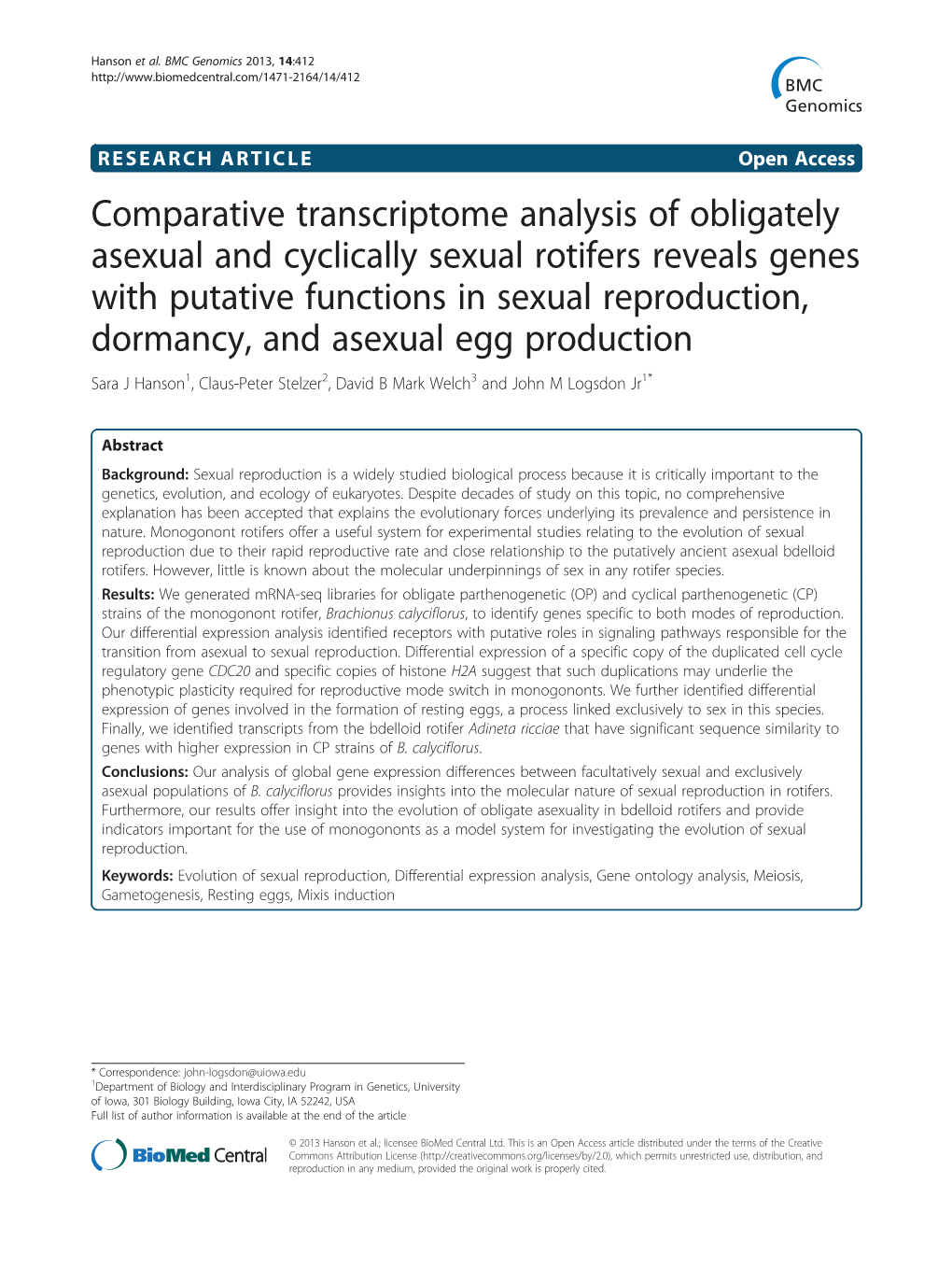 Comparative Transcriptome Analysis of Obligately Asexual and Cyclically