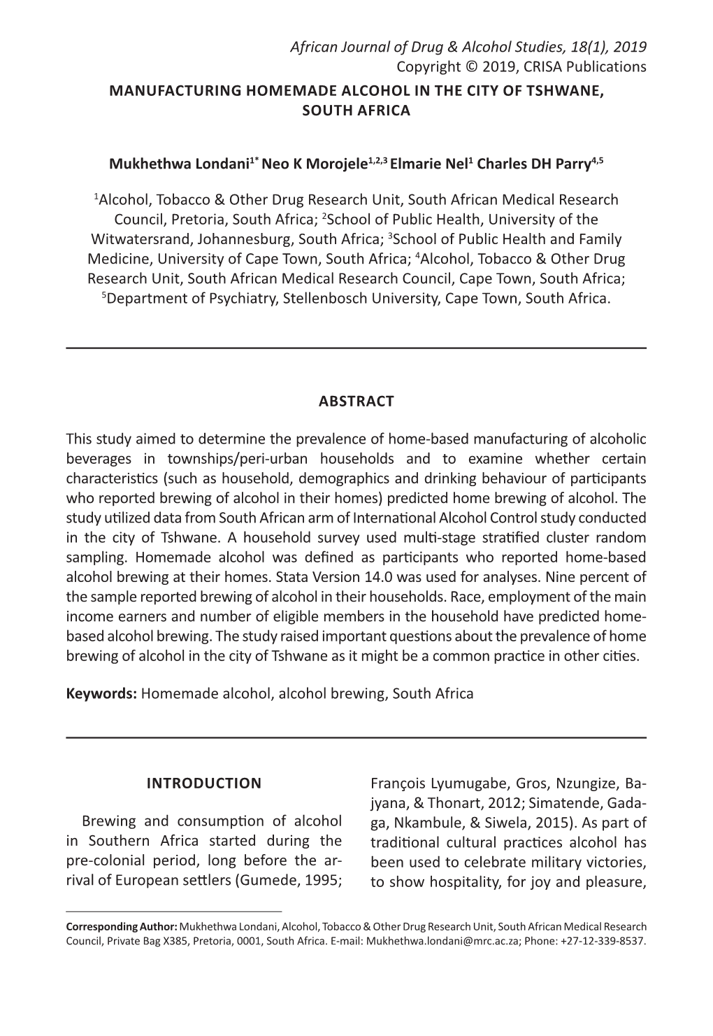 African Journal of Drug & Alcohol Studies, 18(1), 2019