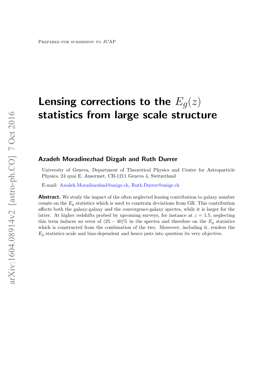 Lensing Corrections to the Eg(Z) Statistics from Large Scale Structure