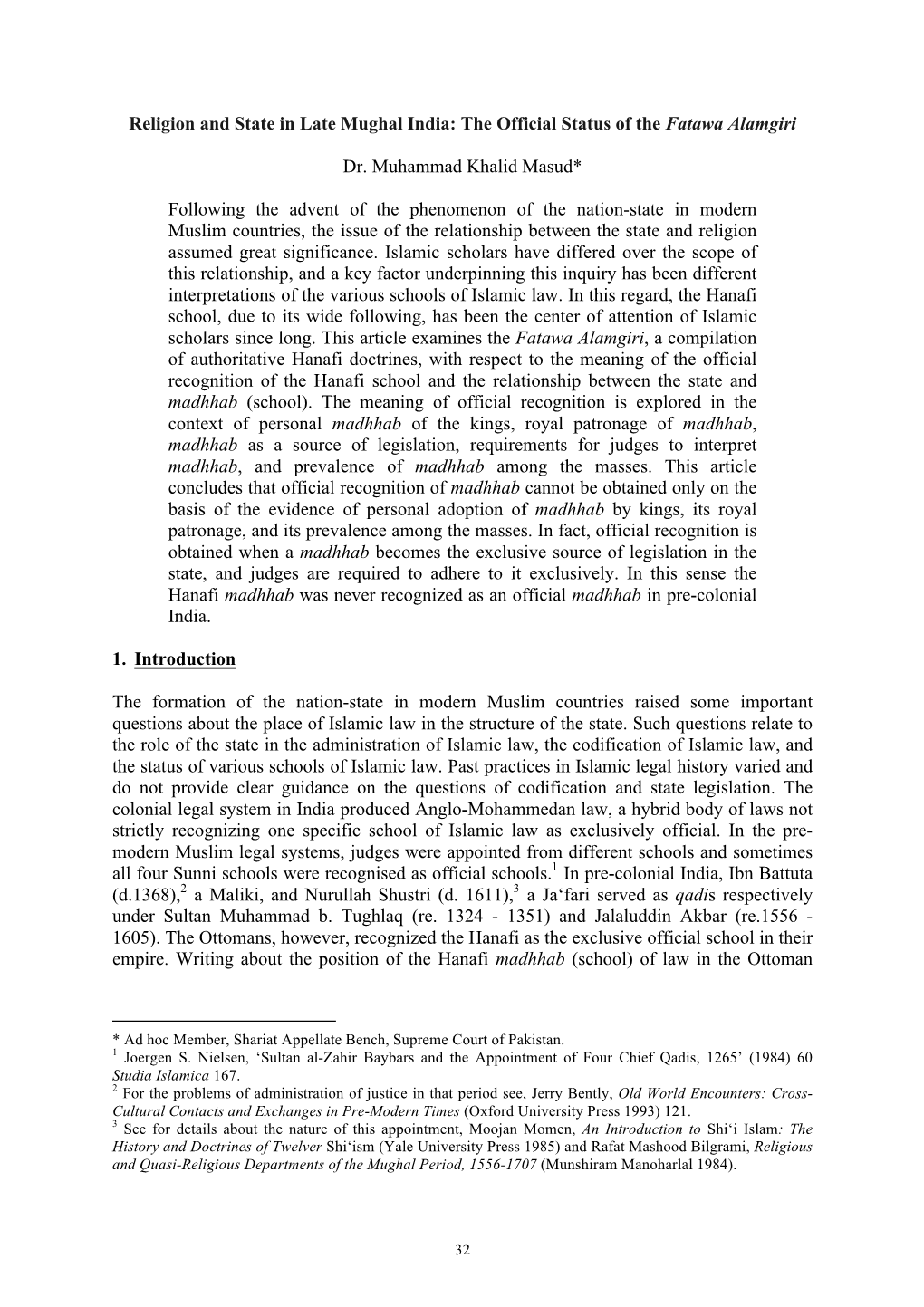 Religion and State in Late Mughal India: the Official Status of the Fatawa Alamgiri