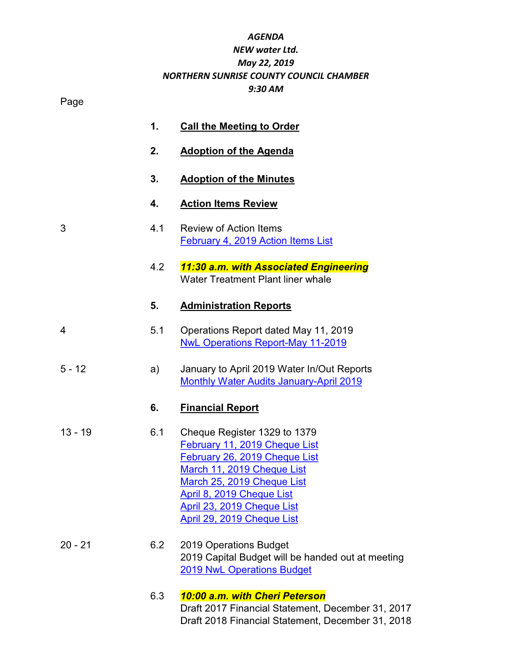 NEW Water Ltd. May 22, 2019 NORTHERN SUNRISE COUNTY COUNCIL CHAMBER 9:30 AM Page