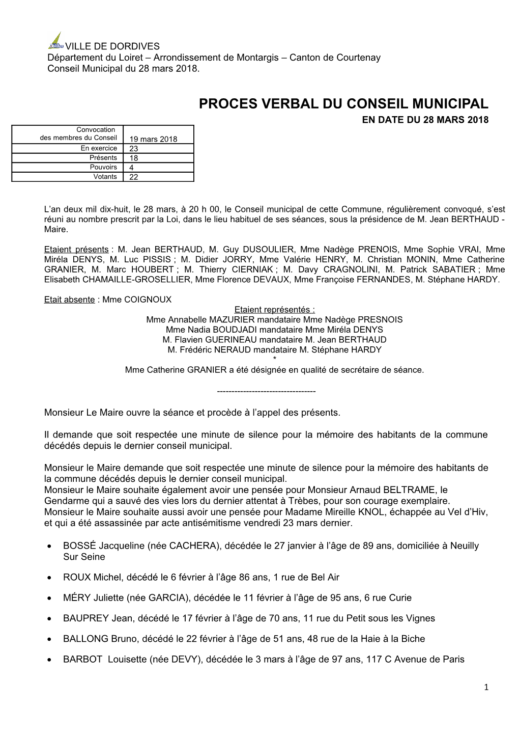 PROCES VERBAL DU CONSEIL MUNICIPAL EN DATE DU 28 MARS 2018 Convocation Des Membres Du Conseil 19 Mars 2018 En Exercice 23 Présents 18 Pouvoirs 4 Votants 22