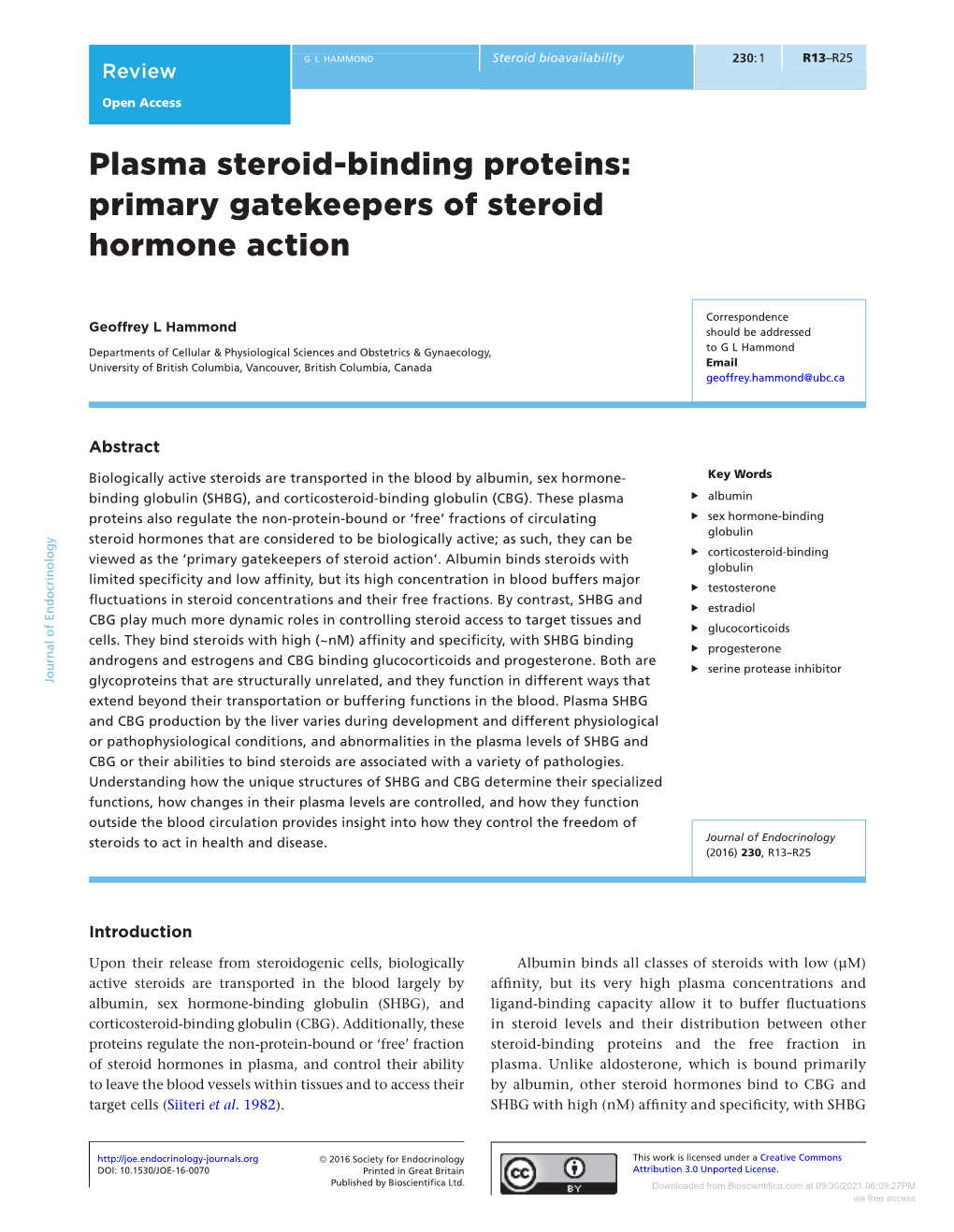 Plasma Steroid-Binding Proteins: Primary Gatekeepers of Steroid Hormone Action