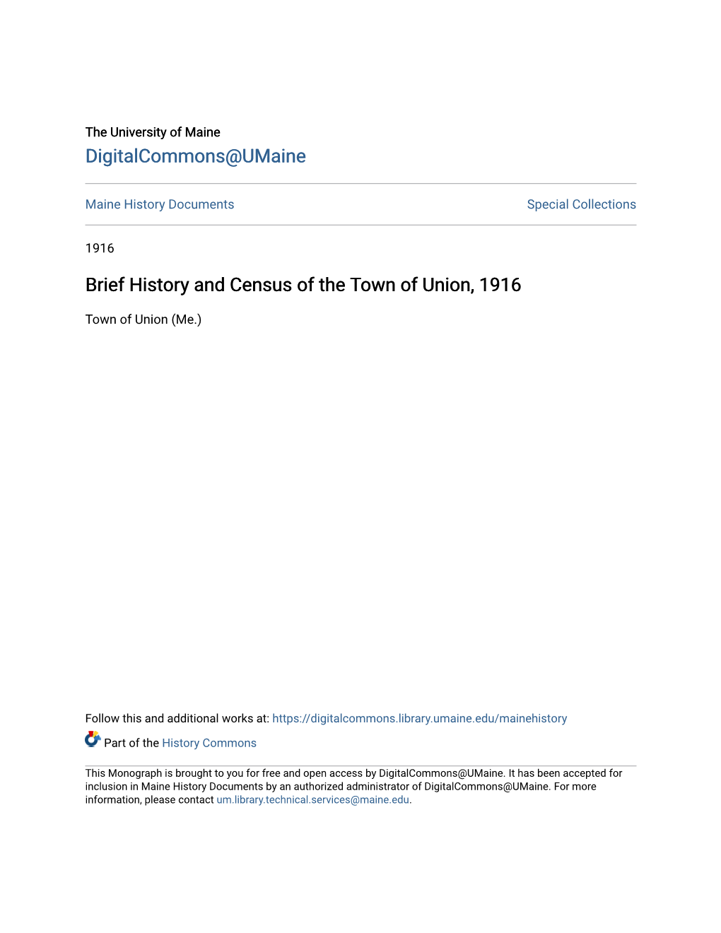 Brief History and Census of the Town of Union, 1916