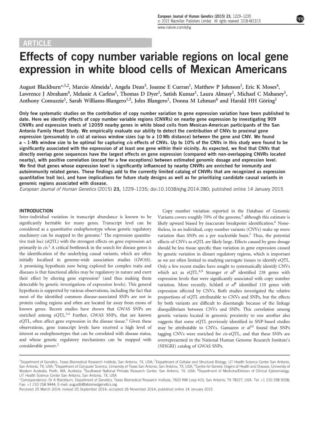 Effects of Copy Number Variable Regions on Local Gene Expression in White Blood Cells of Mexican Americans