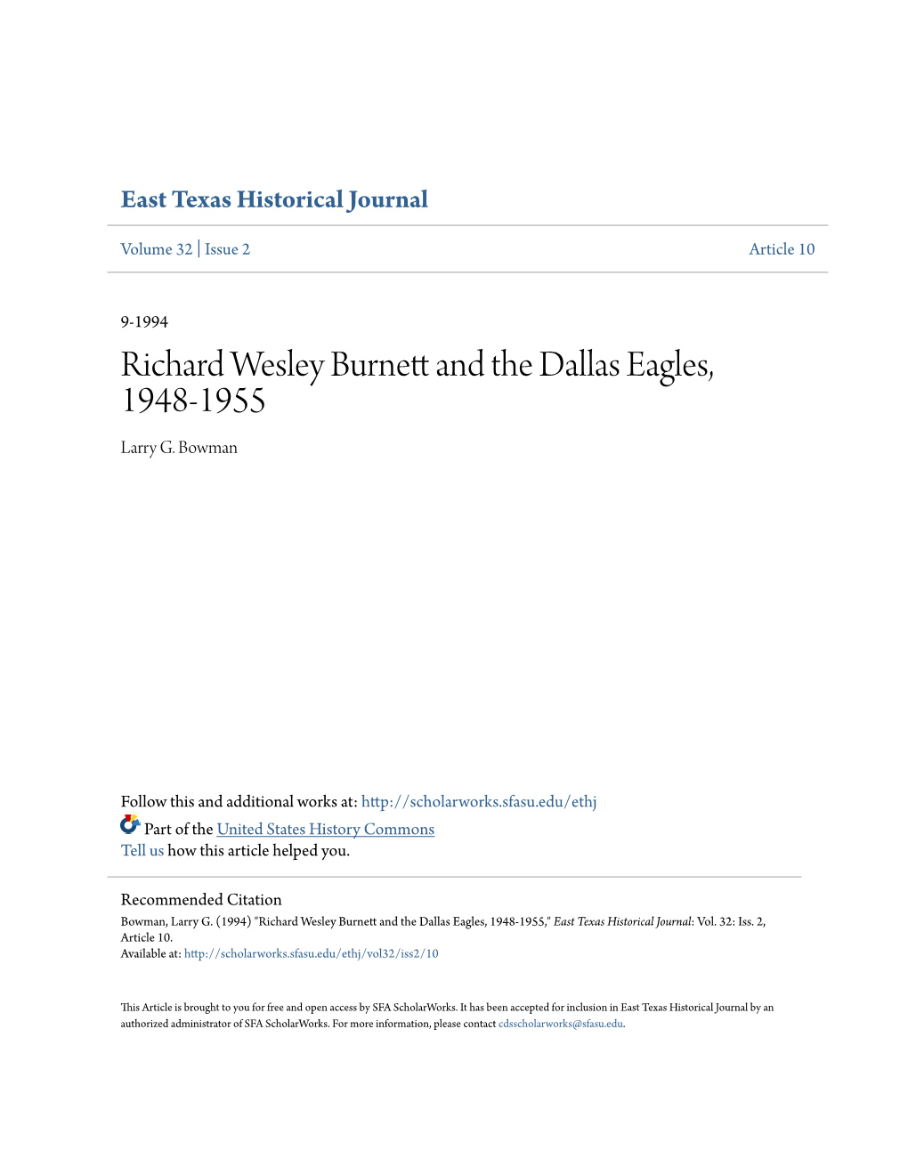 Richard Wesley Burnett and the Dallas Eagles, 1948-1955