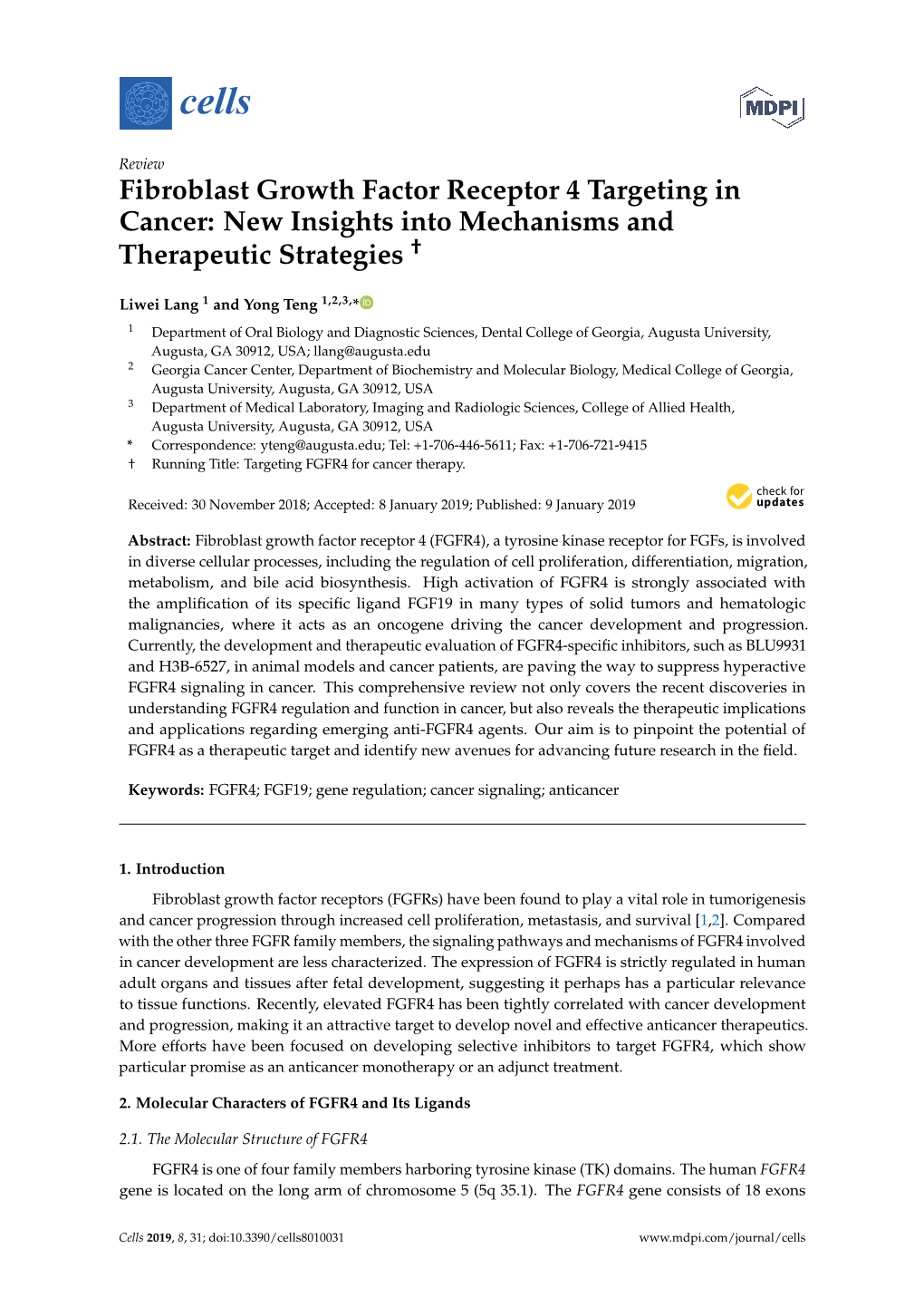 Fibroblast Growth Factor Receptor 4 Targeting in Cancer: New Insights Into Mechanisms and Therapeutic Strategies †