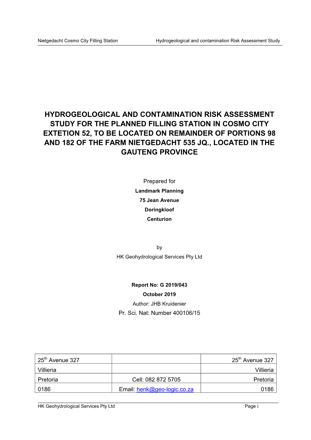 Report Geohydro Risk Assessment Nietgedacht Filling Station