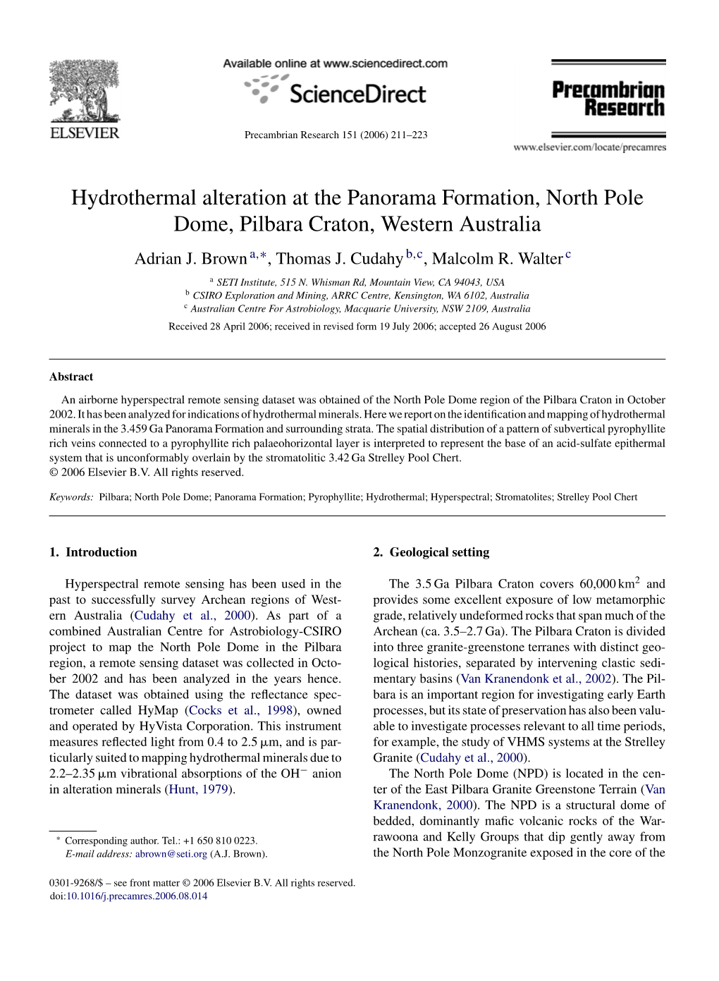 Hydrothermal Alteration at the Panorama Formation, North Pole Dome, Pilbara Craton, Western Australia Adrian J