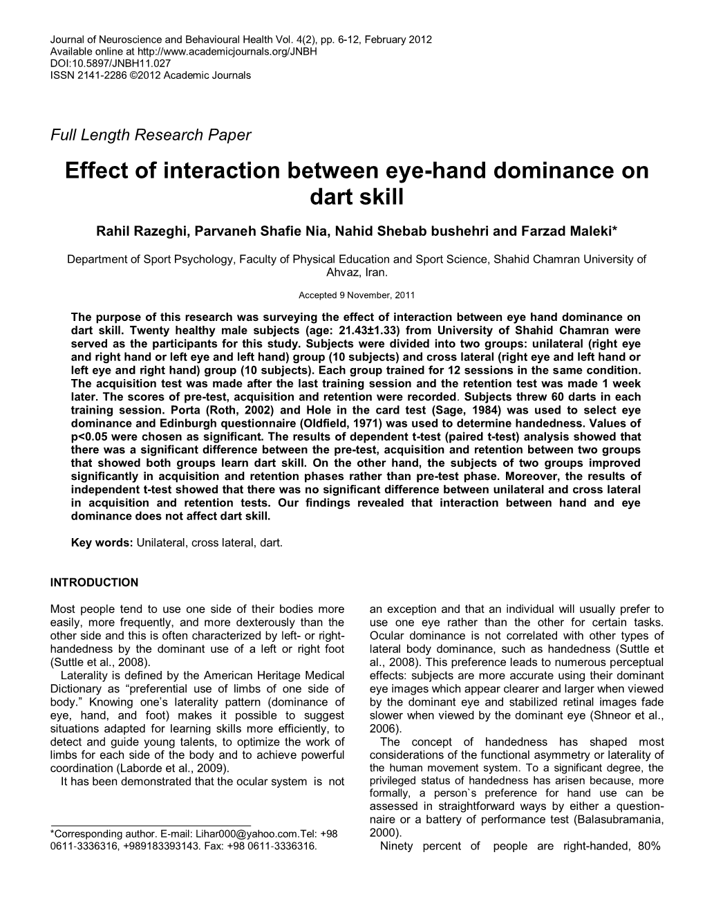 Effect of Interaction Between Eye-Hand Dominance on Dart Skill
