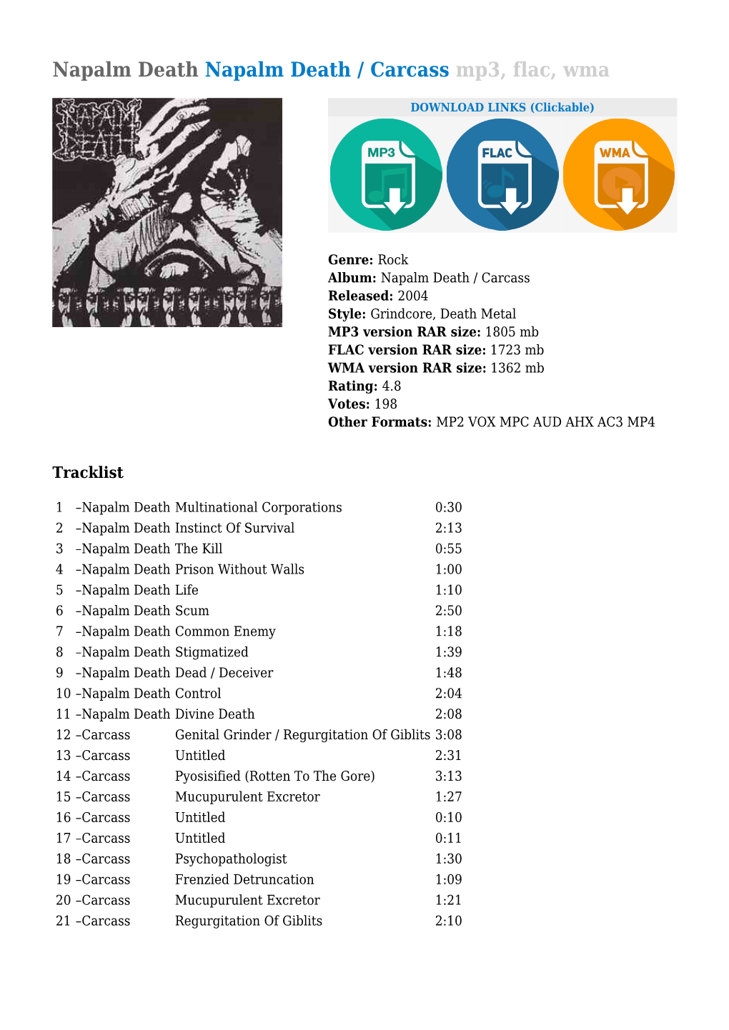 Napalm Death / Carcass Mp3, Flac, Wma