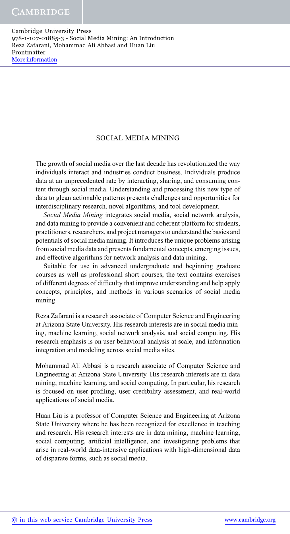 Social Media Mining: an Introduction Reza Zafarani, Mohammad Ali Abbasi and Huan Liu Frontmatter More Information