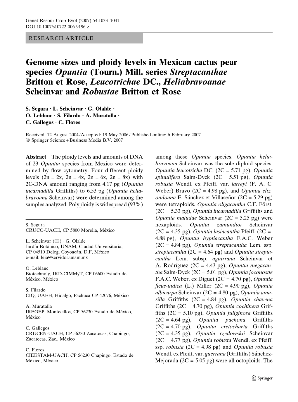 Genome Sizes and Ploidy Levels in Mexican Cactus Pear Species Opuntia (Tourn.) Mill