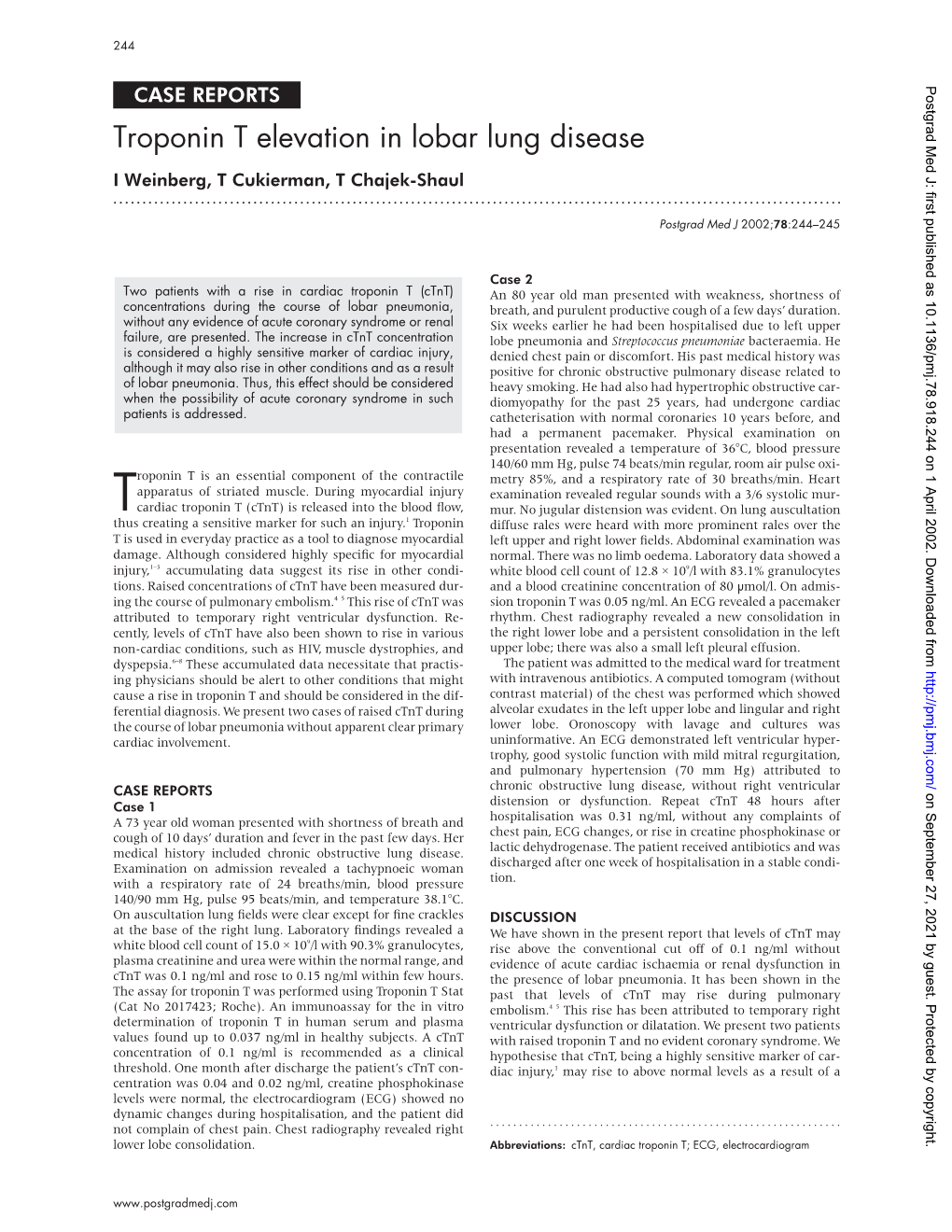 Troponin T Elevation in Lobar Lung Disease I Weinberg, T Cukierman, T Chajek-Shaul