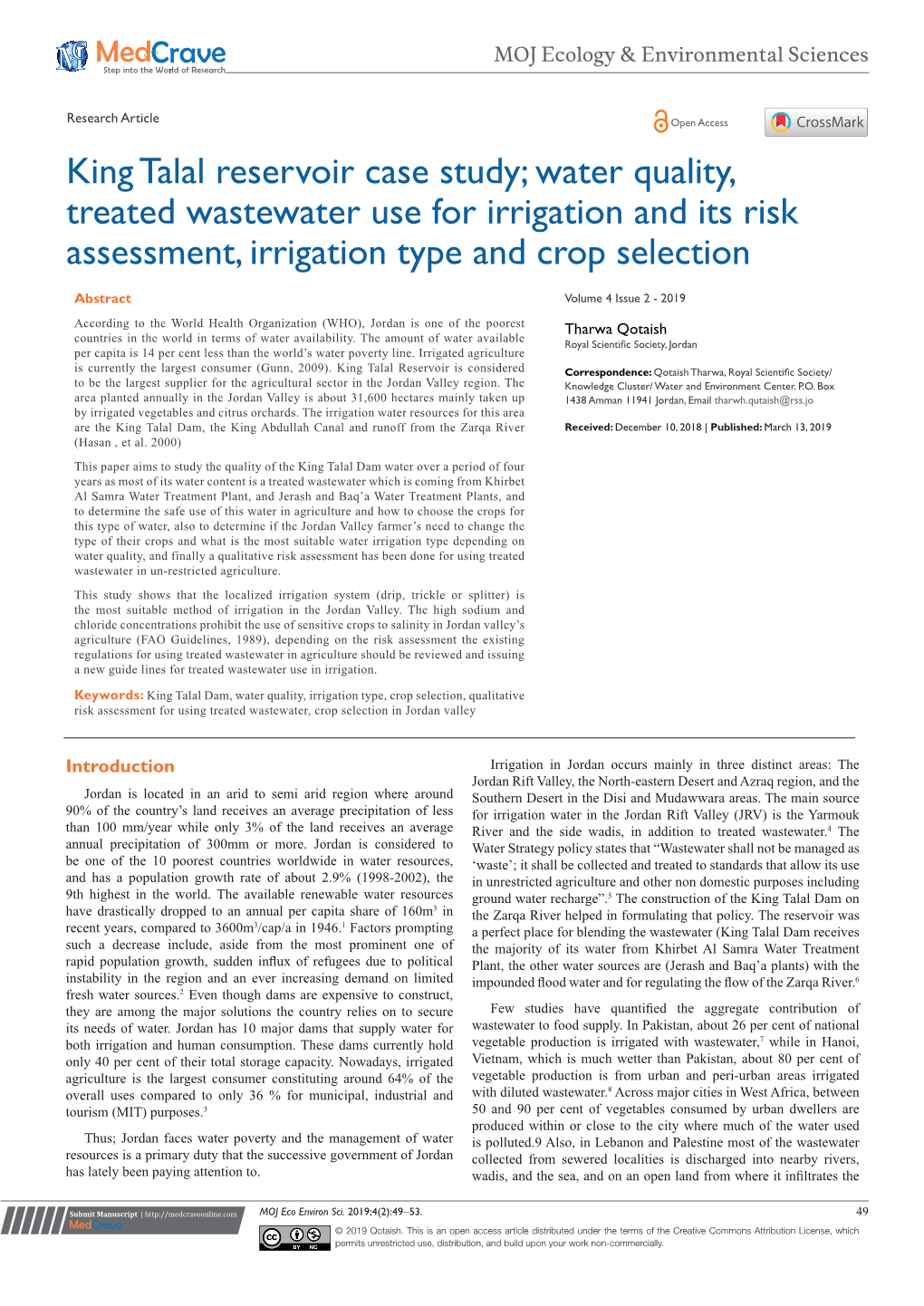 King Talal Reservoir Case Study; Water Quality, Treated Wastewater Use for Irrigation and Its Risk Assessment, Irrigation Type and Crop Selection
