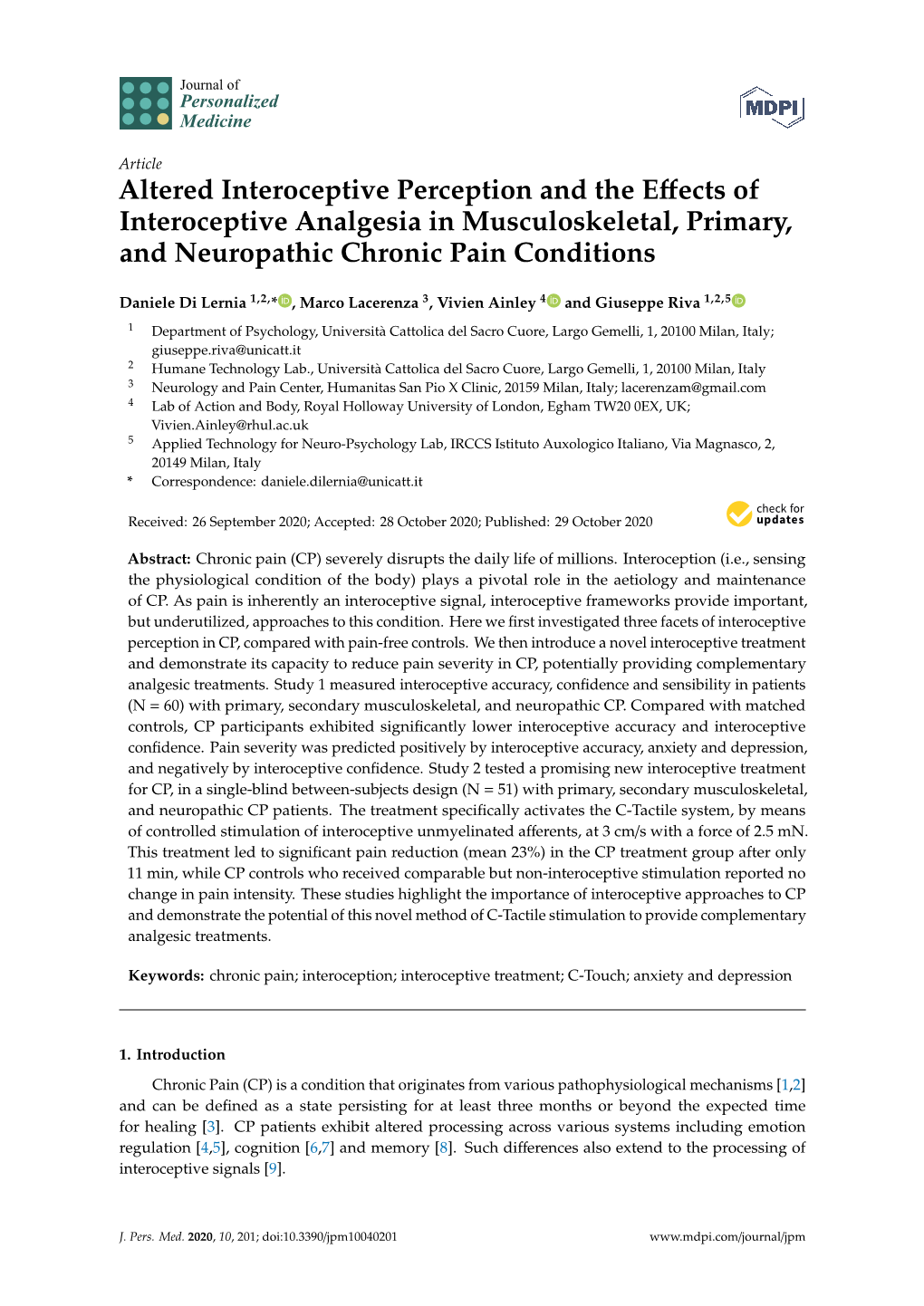 Altered Interoceptive Perception and the Effects of Interoceptive