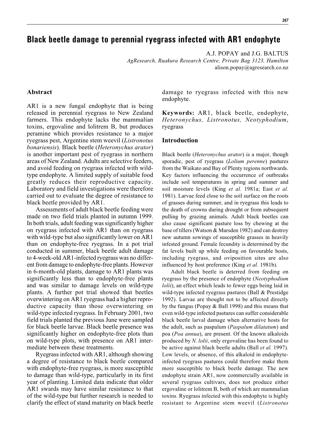 Black Beetle Damage to Perennial Ryegrass Infected with AR1 Endophyte (A.J