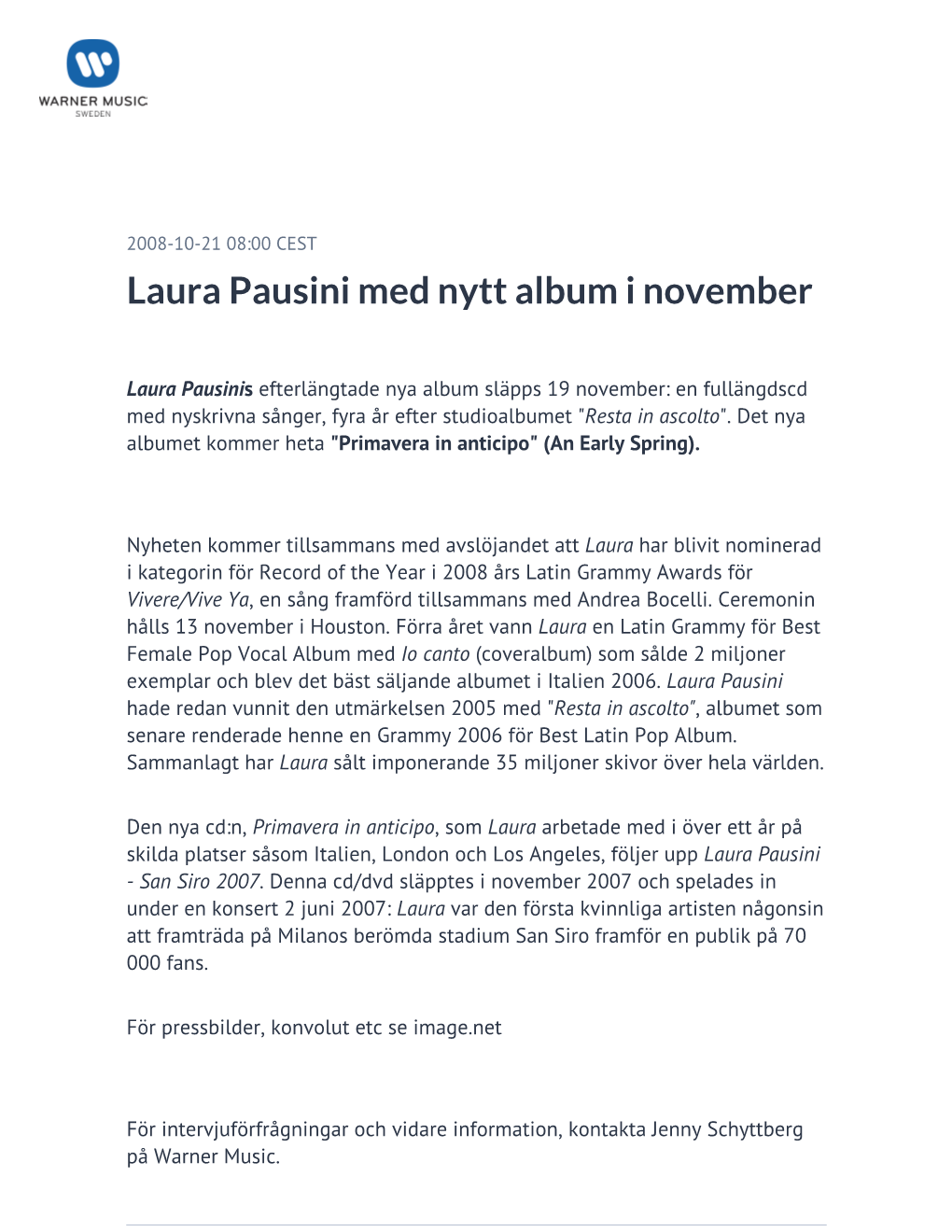 Laura Pausini Med Nytt Album I November