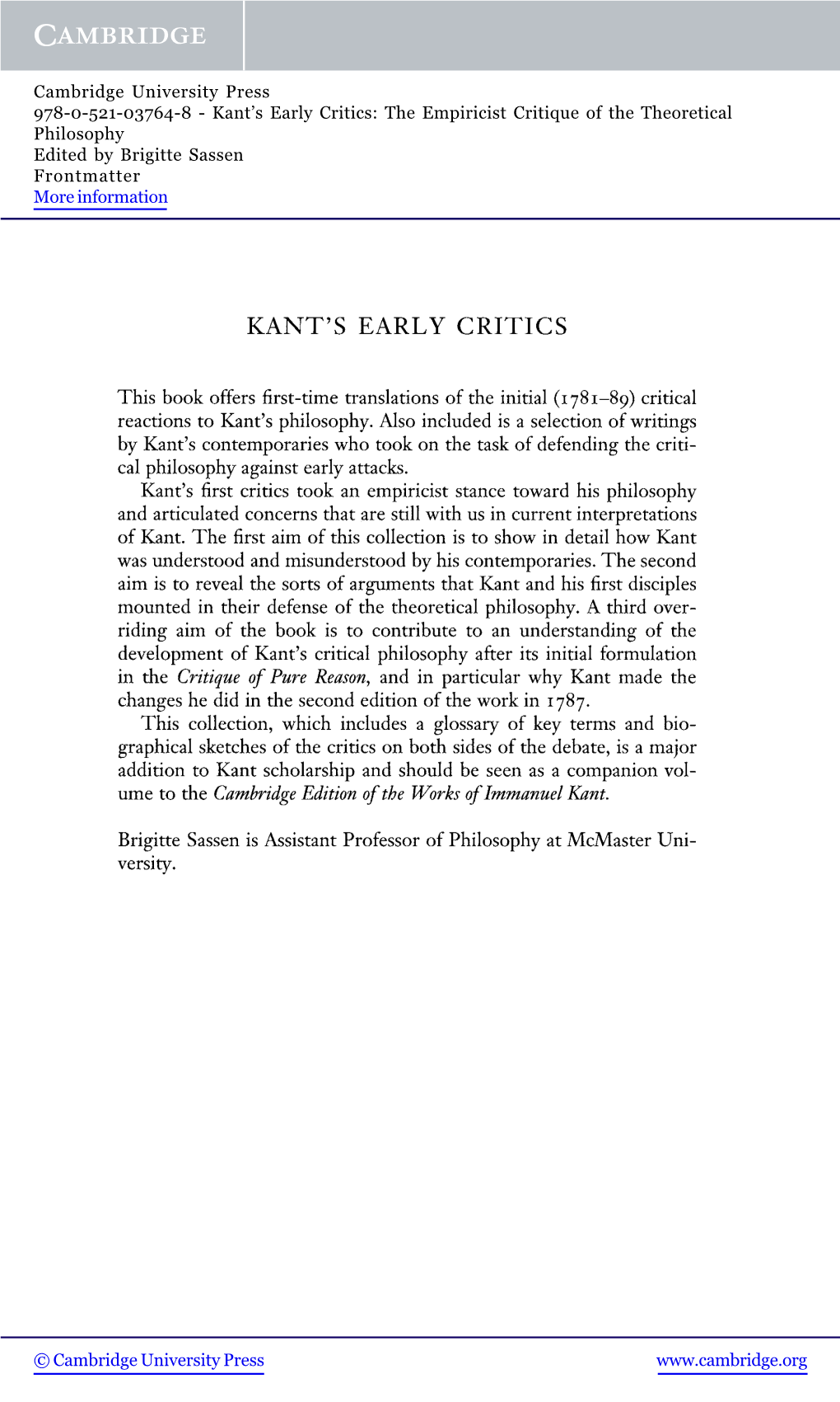 Kantâ€™S EARLY CRITICS: the Empiricist Critique of The